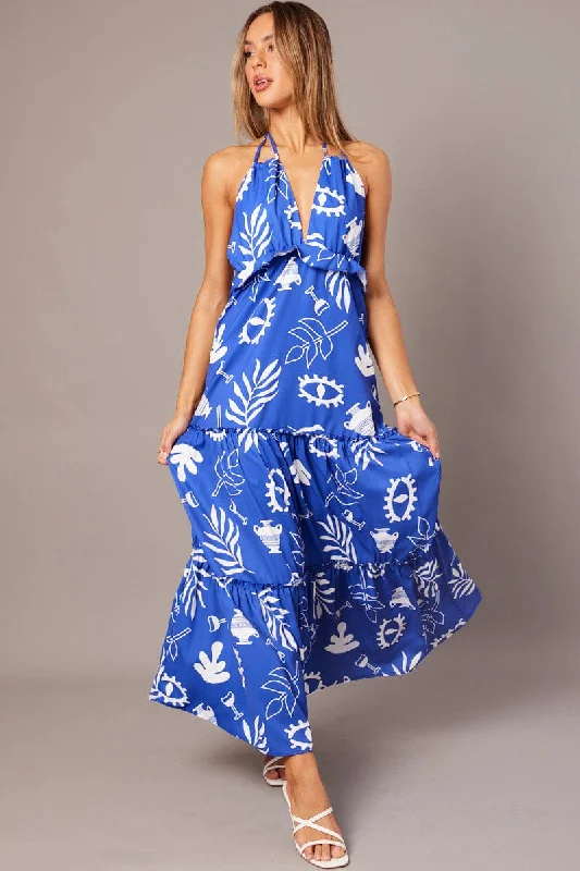 Blue Abstract Maxi Dress Halter Neck Tiered Ruffle Dress