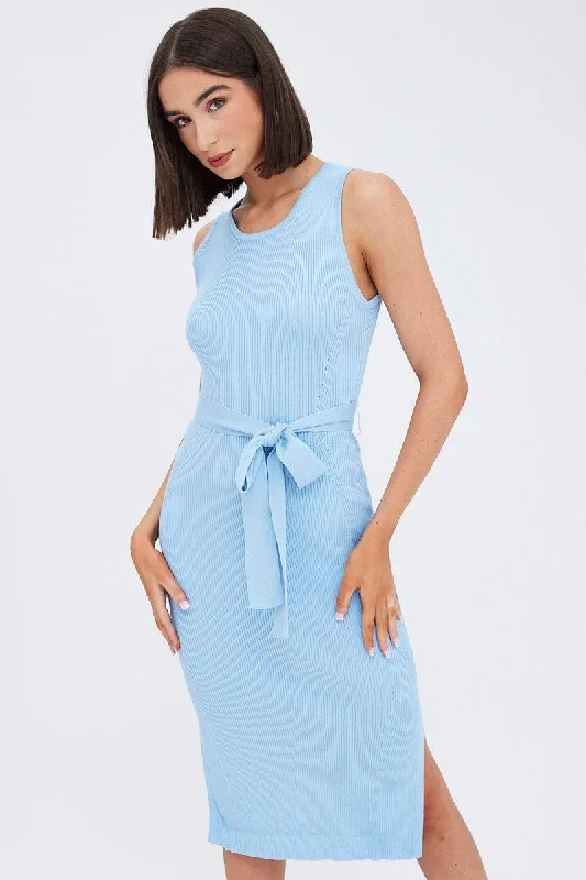 Blue Knit Dress Sleeveless Round Neck Belted Midi