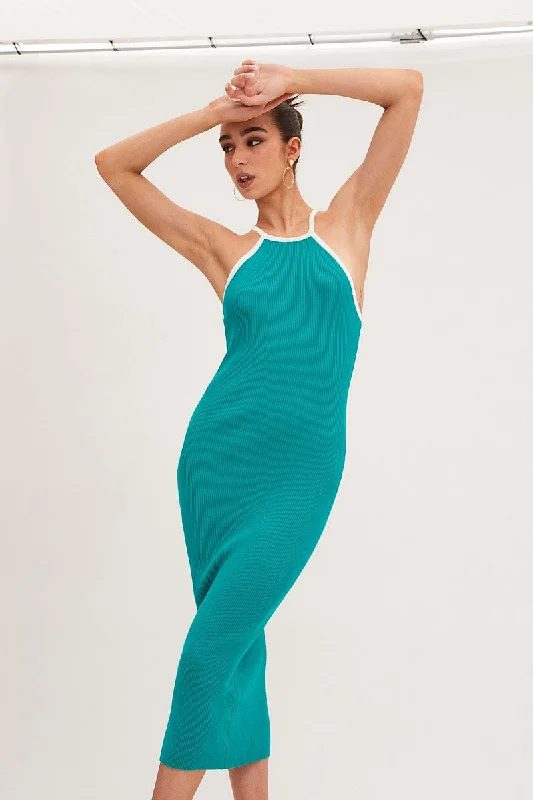 Green Knit Dress Midi Halter Neck Binding Detail