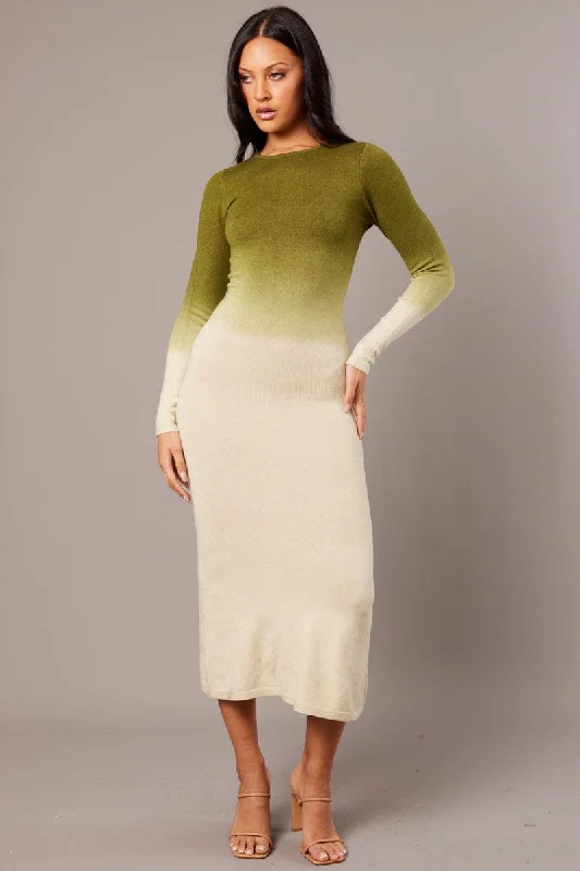 Green Print Knit Dress Long Sleeve Maxi