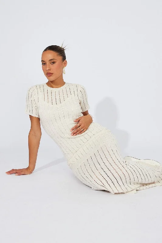 White Knit Maxi Dress Crochet Short Sleeve